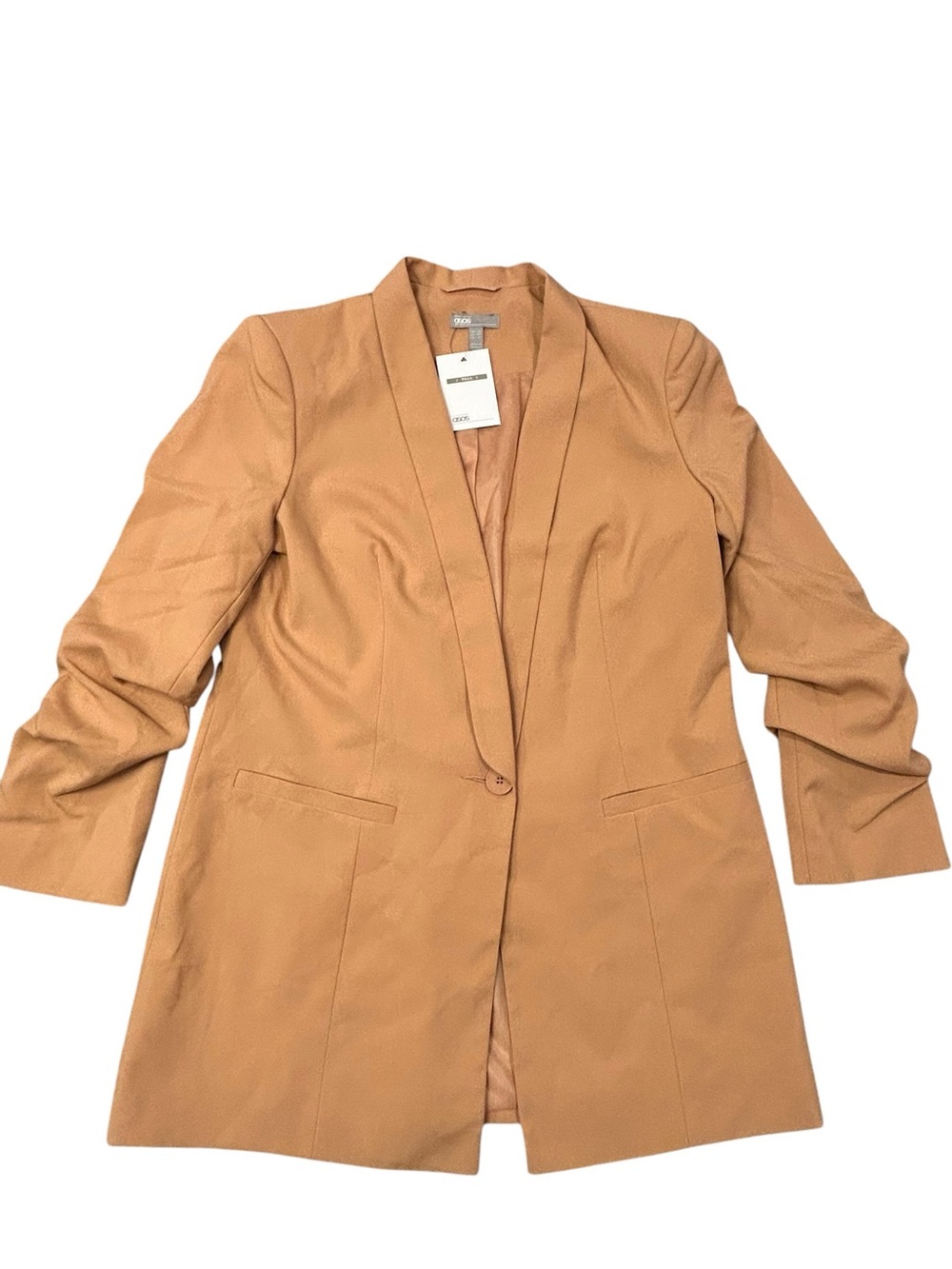 Asos Blazer Jacket Womens Ruched Sleeve Camel 12 Tall NWT Business Casual Travel